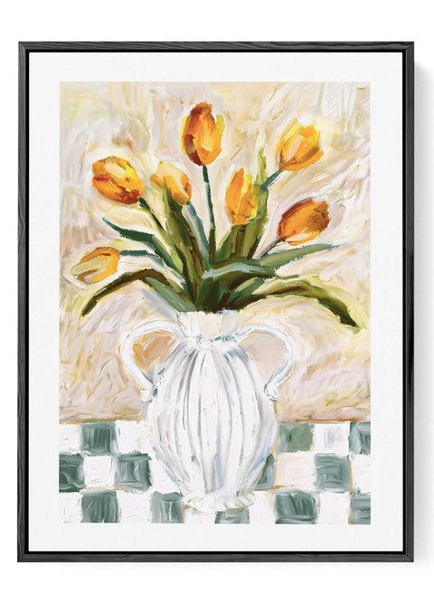 Modern floral wall decor featuring vibrant orange flowers and a grid pattern.