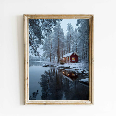 Modern framed winter landscape photograph of a cozy Nordic lake cabin