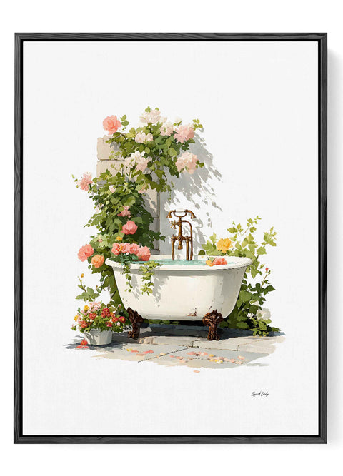 Modern garden-themed wall decor featuring a luxury bathtub in a floral setting.