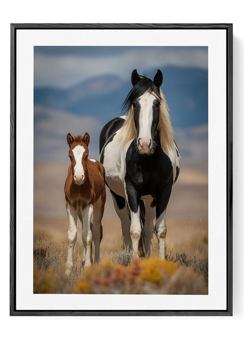Modern horse mom and baby wall decor featuring spotted Pintabian horses.