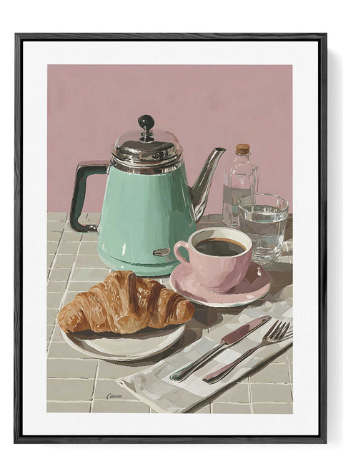 Modern kitchen wall decor featuring a simple breakfast illustration.