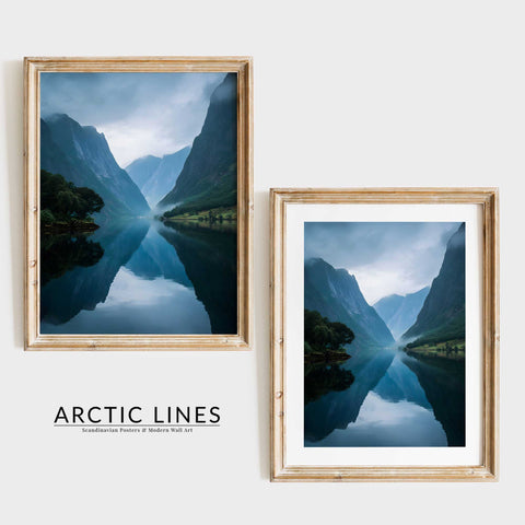 Modern living room poster with a peaceful Norwegian-inspired lake view.