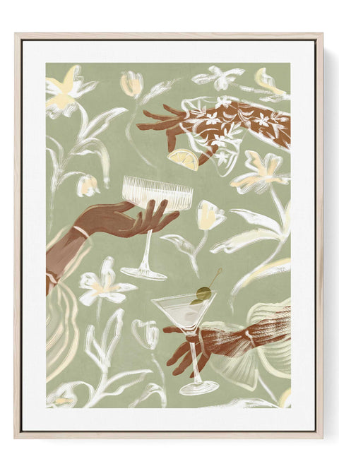 Modern martini art print with botanical leaves in a sage green palette.