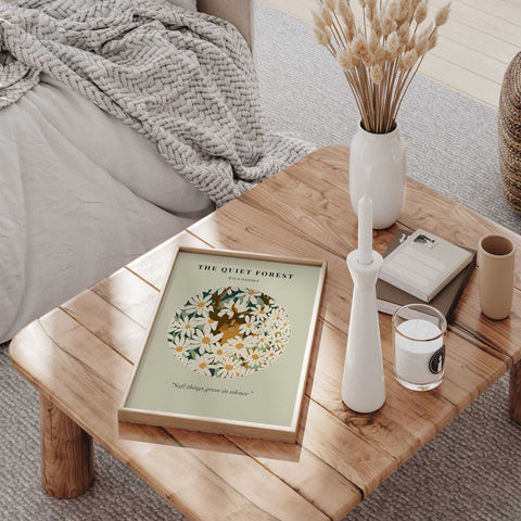 Modern nature poster with a deer peeking through white flowers.