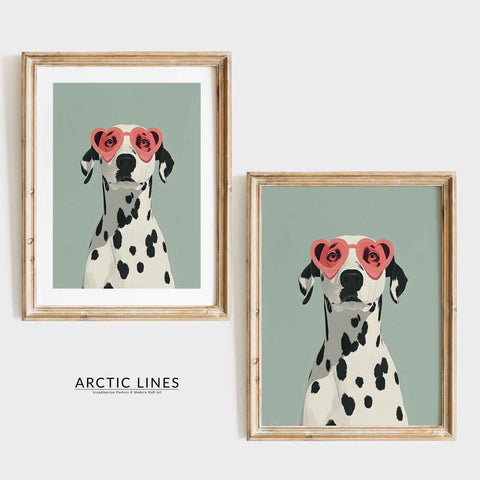 Modern pet decor illustration of black and white Dalmatian wearing sunglasses