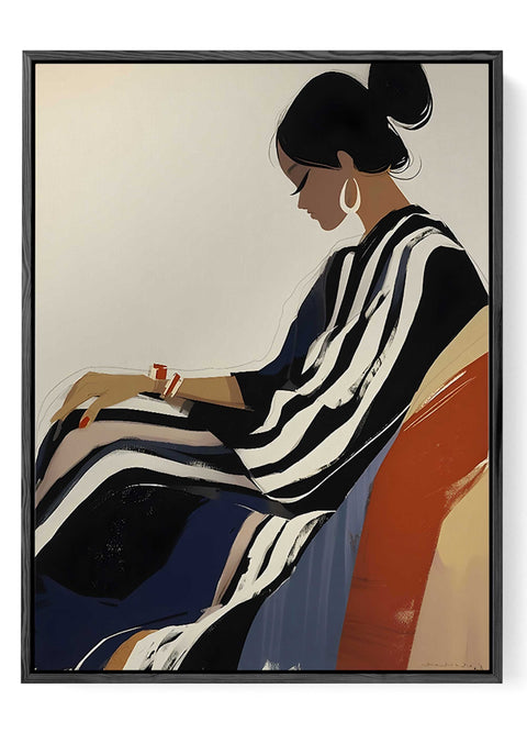 Modern portrait art print of a woman with a high bun and gold hoop earrings.