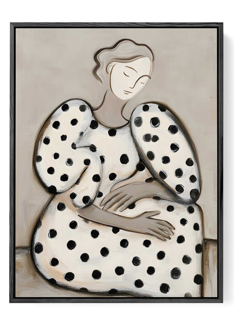 Modern portrait illustration of a female figure with puff sleeves and dots.