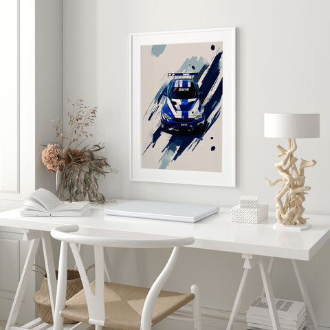 Modern racing car poster featuring BMW M4 GT3 front profile