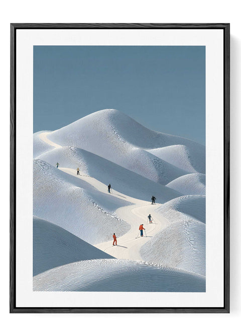 Minimalist Skiers in Snow Dunes Print – Modern Winter Landscape Wall Art - oakposter