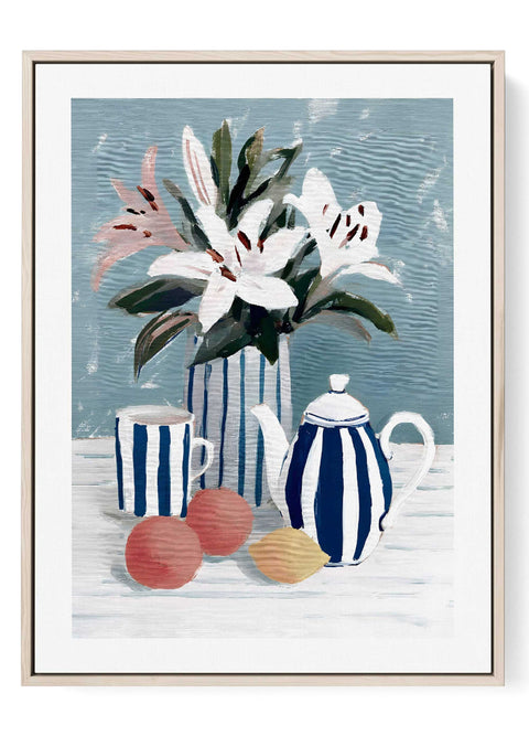 Modern still life art print featuring white lilies in a blue and white striped vase.