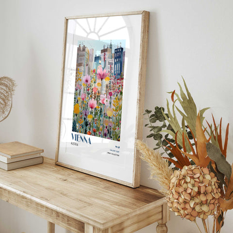 Modern travel poster Vienna city floral artwork