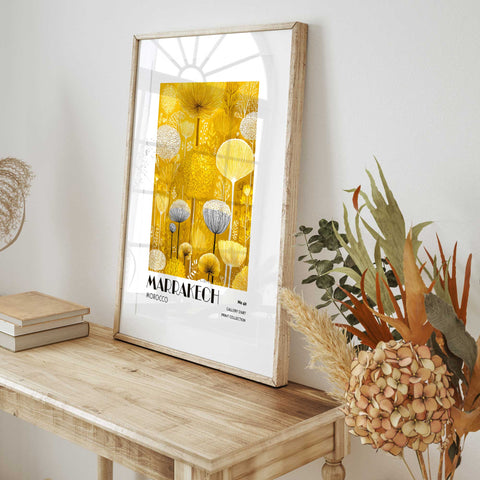 Moroccan botanical print with golden yellow flowers