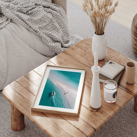 Muted blue and tan color palette in a summer-themed photography print.