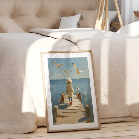 Muted coastal colors and textured brushstrokes in a fine art print.
