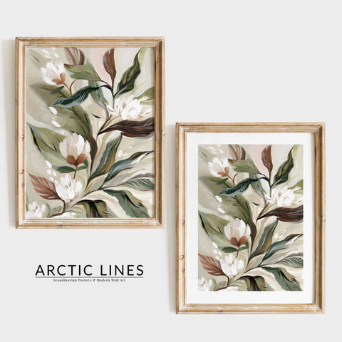 Muted earth tones and botanical details in a floral photography print.