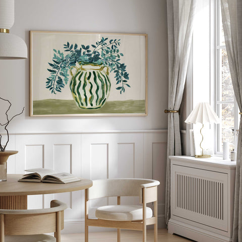 Muted olive and teal botanical wall art for a minimalist home interior.