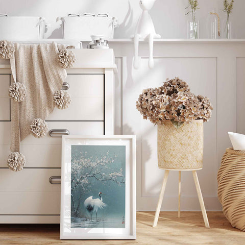 Muted pastel tones and delicate lines in a floral bird photography print.