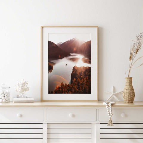 Nature poster featuring snow-capped peaks and vibrant autumn-colored trees.