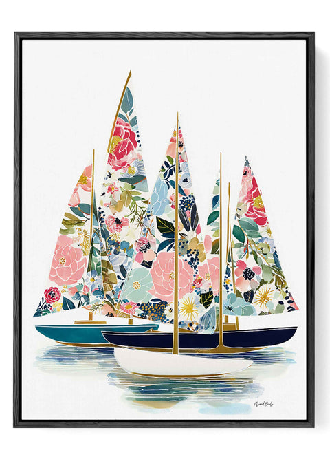 Nautical botanical illustration with navy blue white and teal sailboats on watercolor water