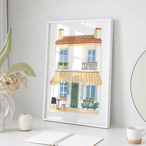 Neutral beige, warm wood, and charcoal color palette in a fine art print.