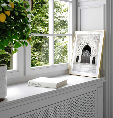 Neutral white and stone color palette in a sophisticated architectural print.