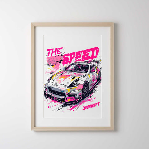 Nissan 370Z street racing poster with graffiti drift art style