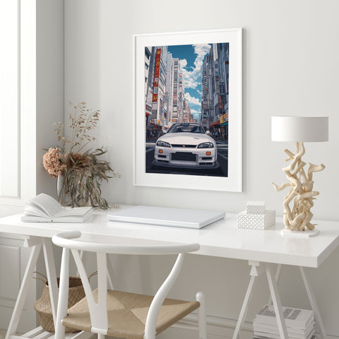 Nissan Skyline GT-R R33 Wall Art in urban Japanese anime style Tokyo street