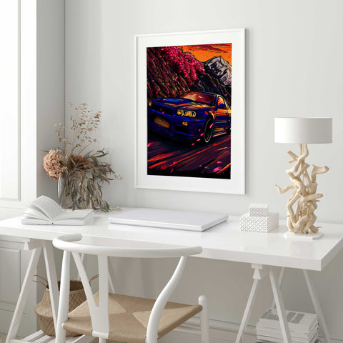 Nissan Skyline R34 GTR mountain drift art print with watercolor style