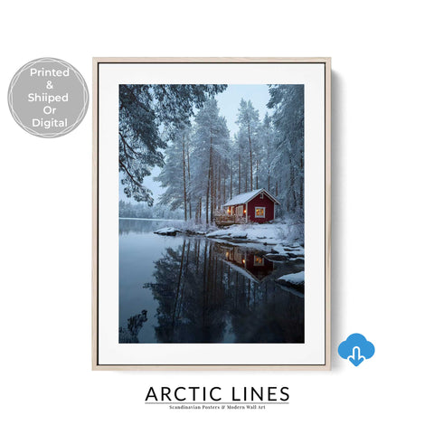 Nordic Hygge decor with framed snowy lake cabin art of a tranquil cottage