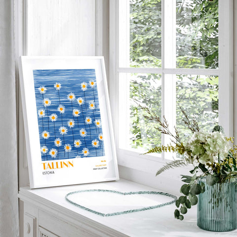 Tallinn Wall Art Print – Nordic Daisy Poster, Blue and White Floral Artwork,