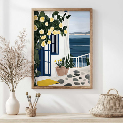 Ocean-inspired watercolor art of house, garden, and sea path

