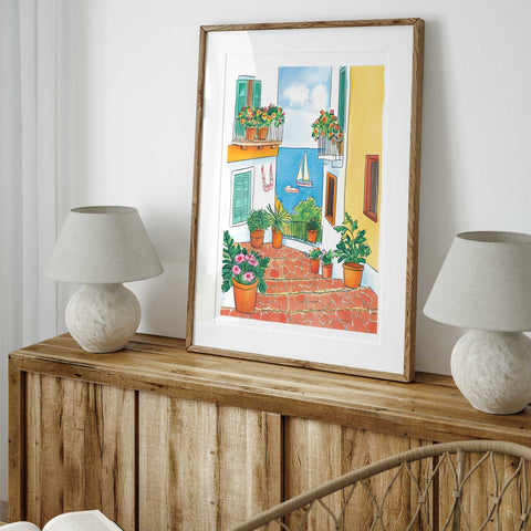 Ocean balcony watercolor with green shutters and sailboats

