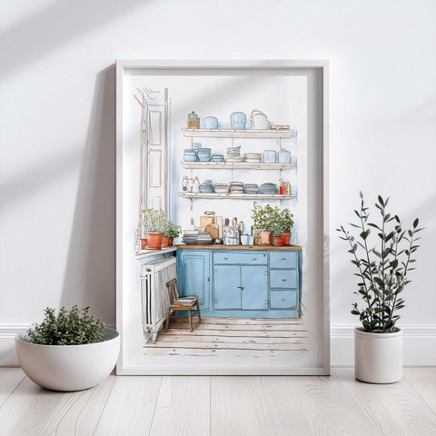 Open shelf kitchen scene with potted herbs

