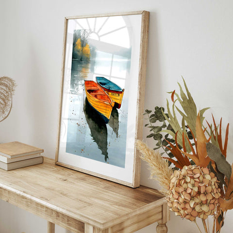 Orange and blue boats watercolor print