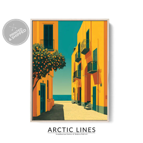 Orange building with teal shutters art