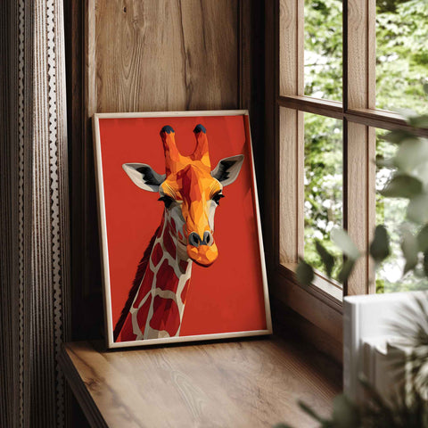 Orange red polygonal giraffe art print