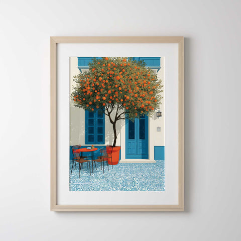 Orange tree and blue door wall poster modern decor