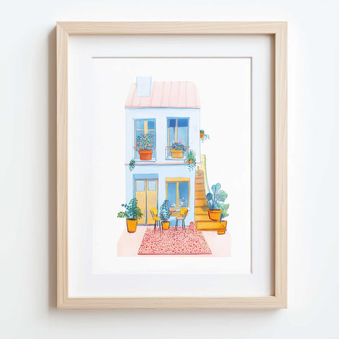 Outdoor café scene watercolor with planters and soft textures

