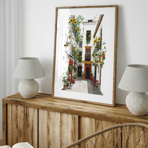 Outdoor café with red tables and flowers print

