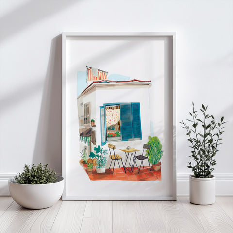 Outdoor table scene watercolor print from Tokyo street view

