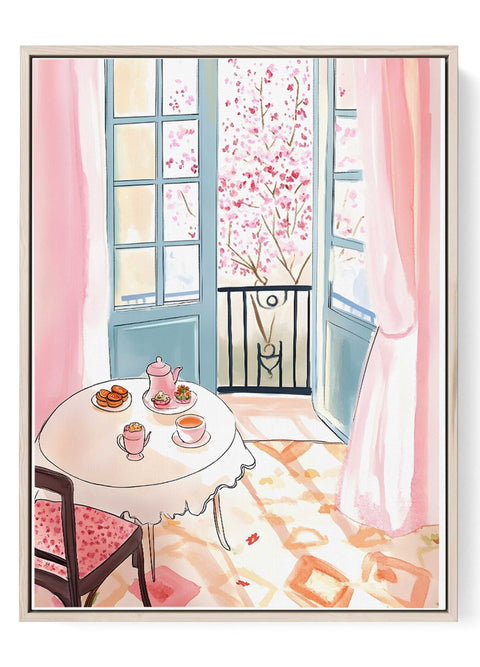 Paris breakfast watercolor print with cherry blossoms and pastel tea table

