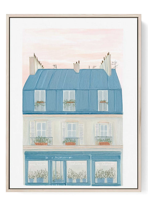 Paris rooftop watercolor print with pastel blue shutters and balconies

