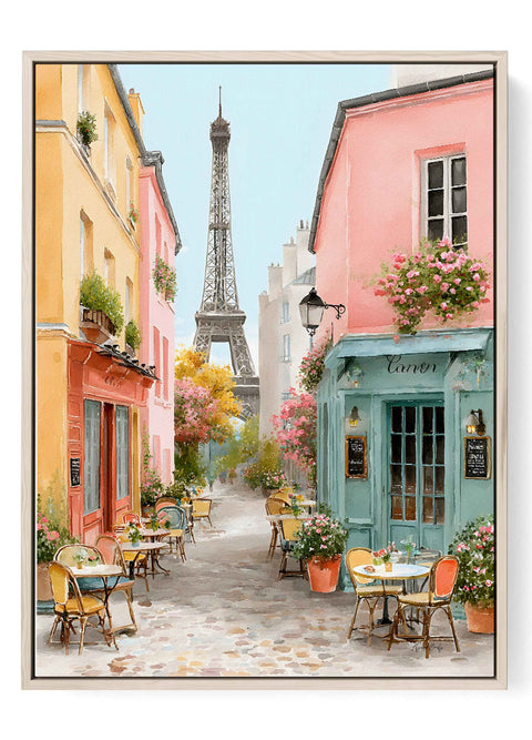 Paris street cafe Eiffel Tower print featuring cobblestone alleyway with pastel buildings