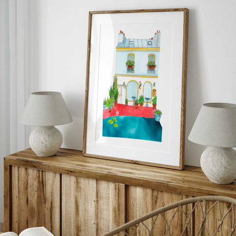 Paris wall art print with terrace view and quiet water feature

