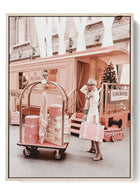 Parisian Chic Bellhop & Luggage Poster - Pink Holiday Hustle Wall Art