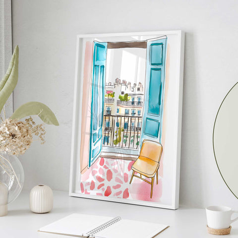 Open Balcony View Watercolor Print – Paris Apartment Art