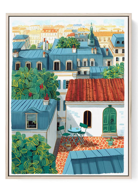 Parisian Rooftop Art Print – Red Tiles & Blue Shutters
