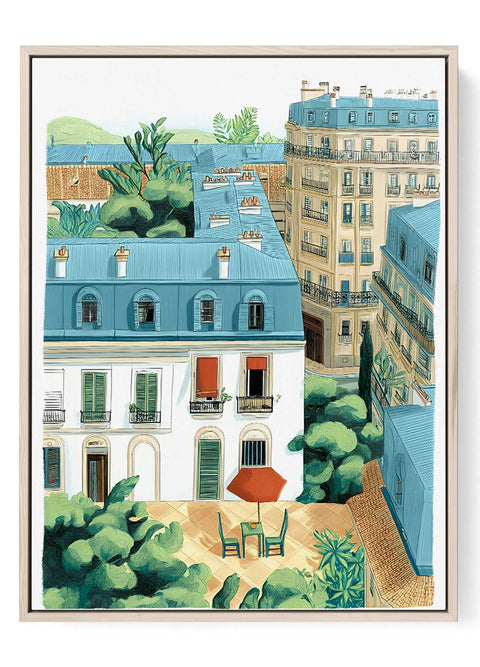 Parisian Balcony Art Print – Blue Roofs & Greenery Scene
