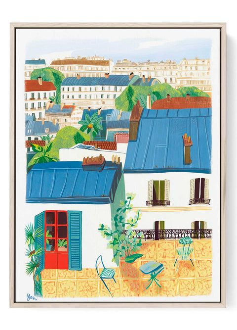 Parisian Balcony Art Print – Blue Roofs & Lush Gardens
