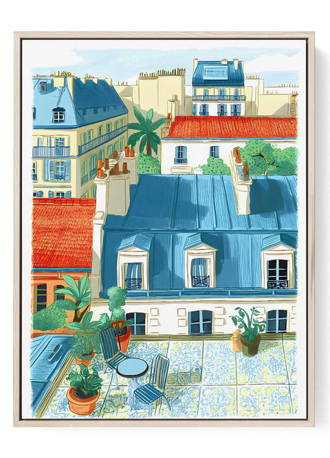 Parisian Terrace Art Print – Blue Roofs & Greenery Scene
